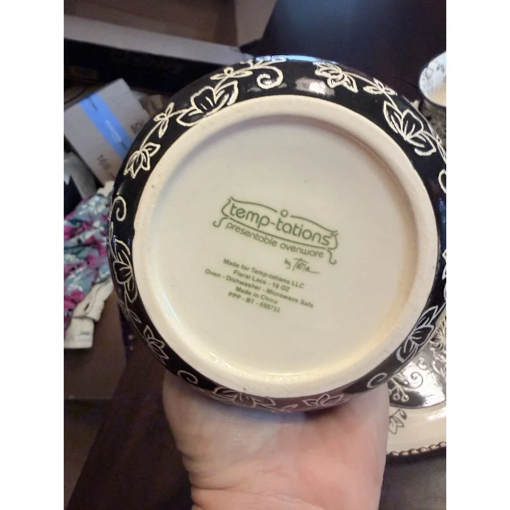 Temptations by Tara Soup Bowl 18 oz Sandwhich dish black floral lace ovenware